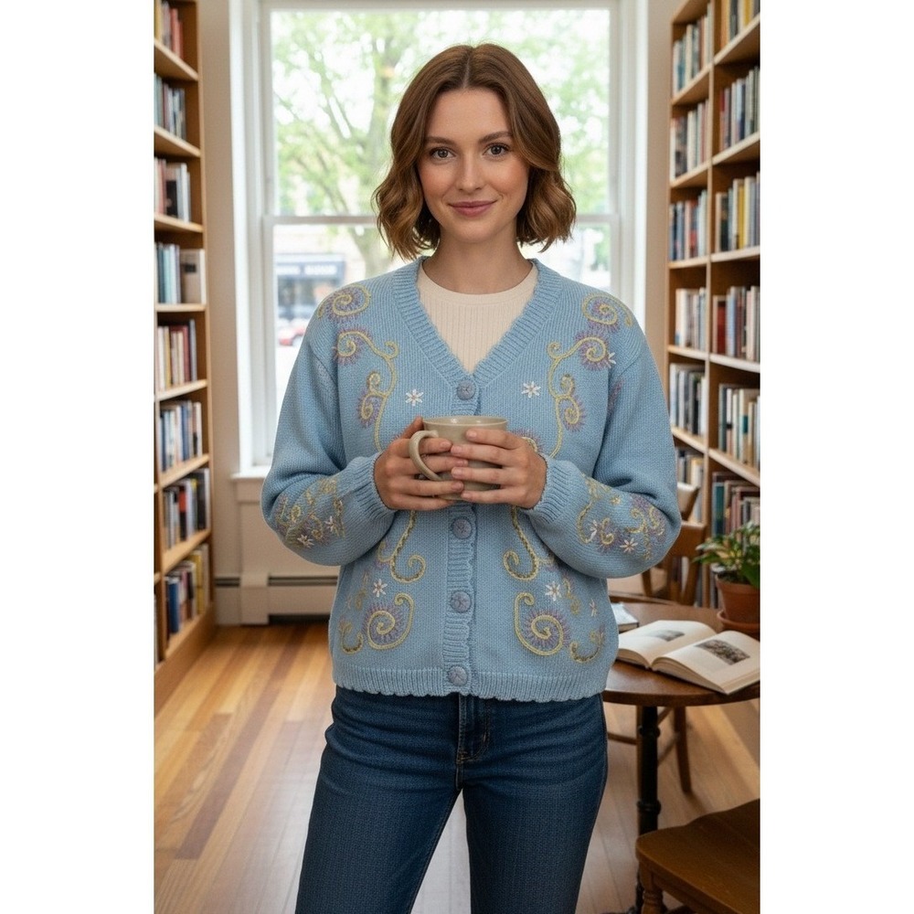 Kindred Spirit Sweater Womens Sz S Blue Floral Cardigan Embroidered Cottage Knit